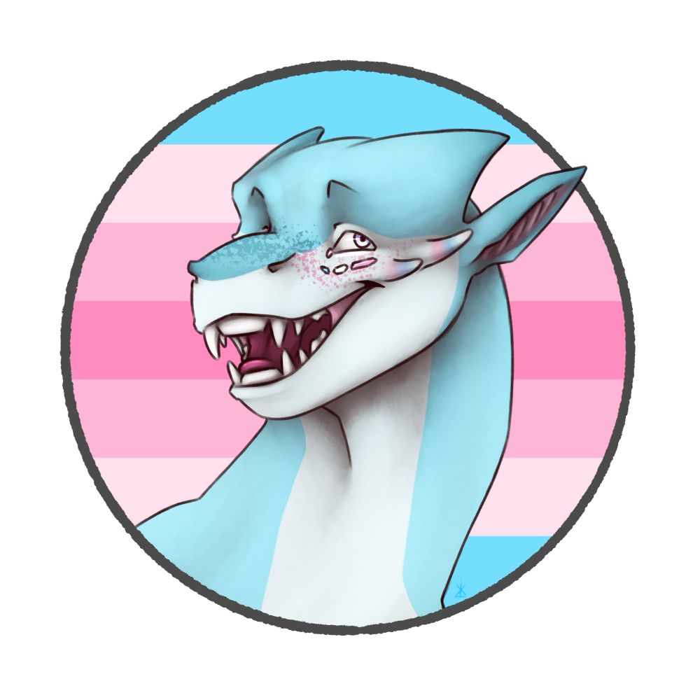 A blue and pink dragon in front of the transfeminine flag