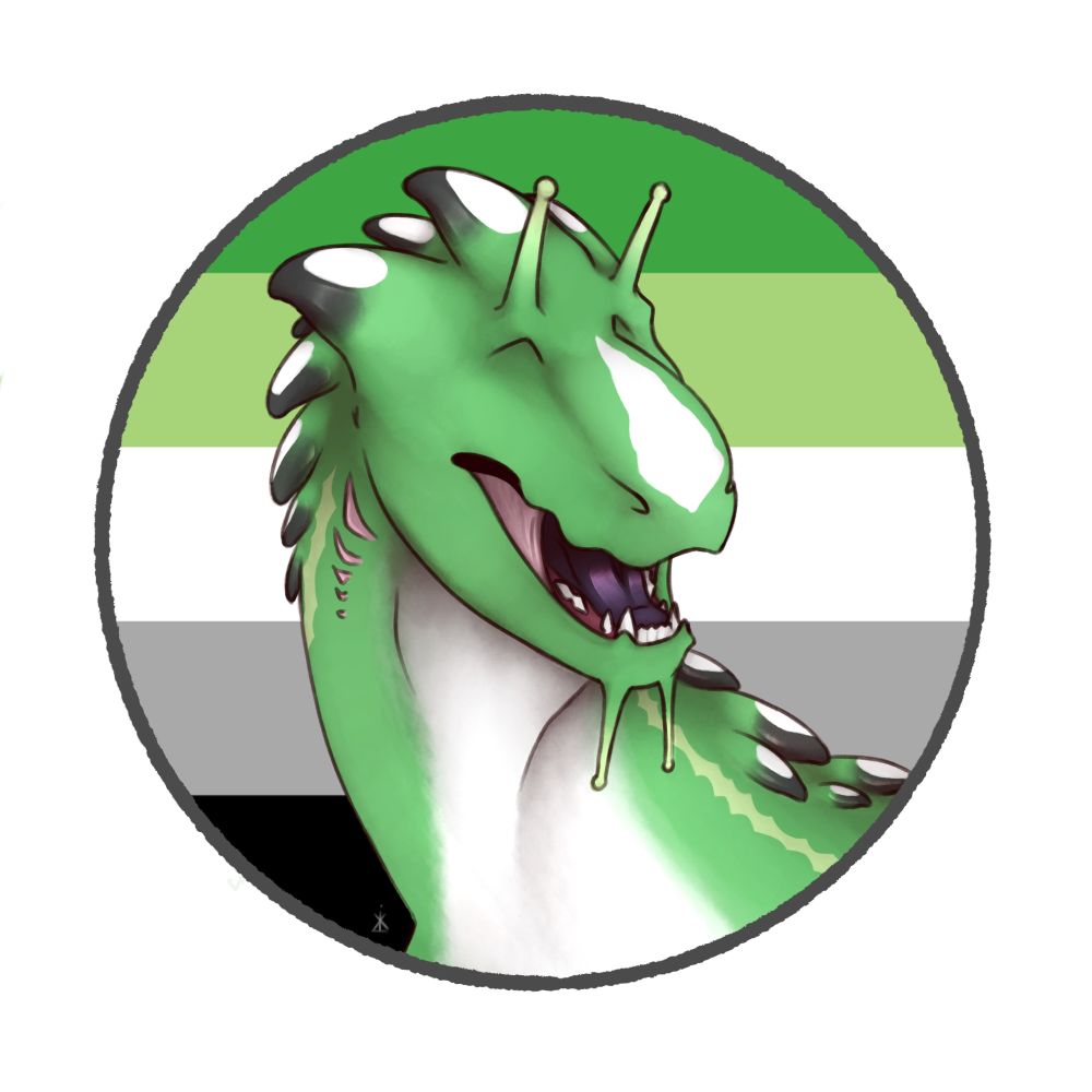 An eyeless green and white dragon in front of the aromantic flag