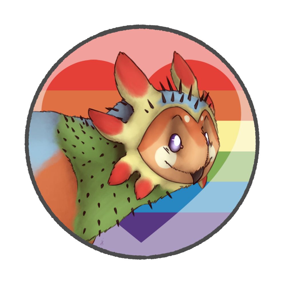 A rainbow coloured owl-like dragon in front of the homoromantic flag