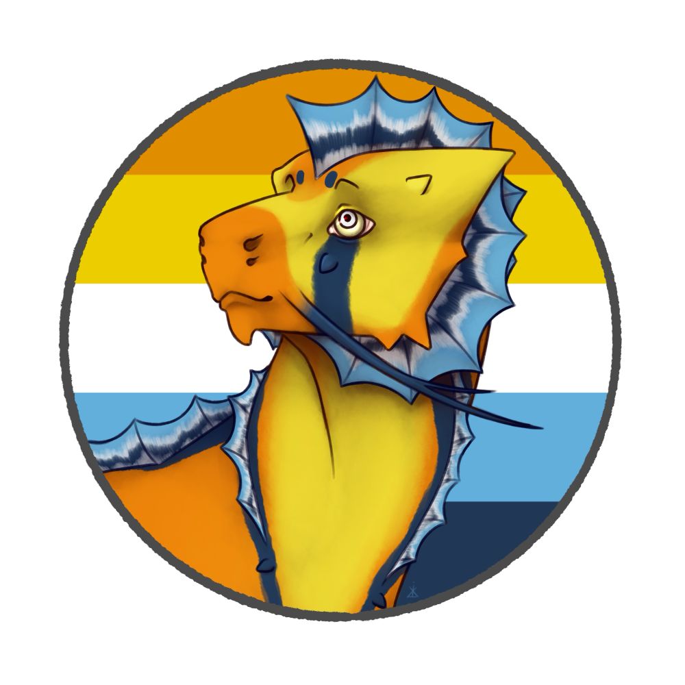 An orange, yellow and blue dragon with frills in front of the aroace flag 