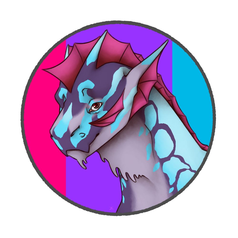 A purple and blue dragon with pink frills in front of the androgynous flag