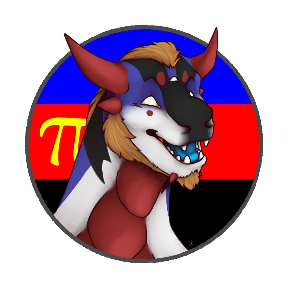 A black and white dragon with red horns in front of the polyamorous flag