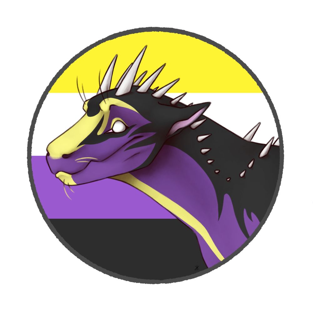 A purple and yellow dragon in front of the non binary flag