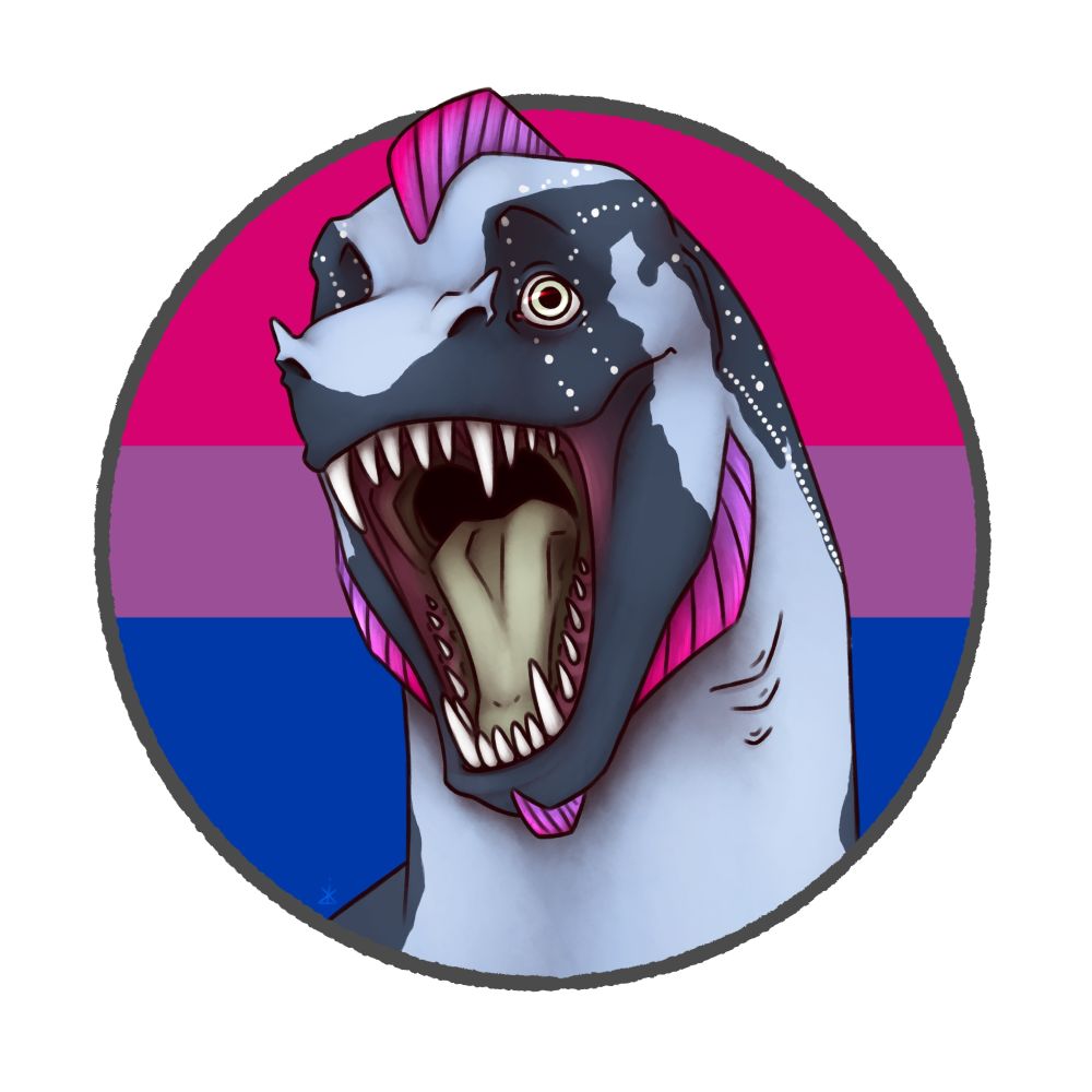 A blue and purple dragon with sharp teeth smiling in front of the bisexual flag