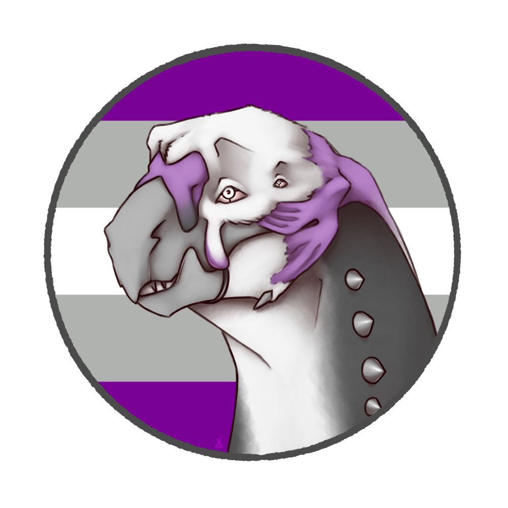 A gray and purple dragon in front of the gray asexual flag
