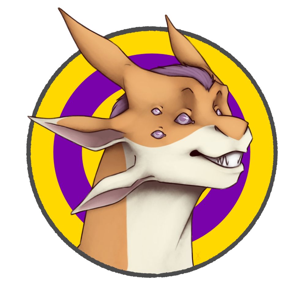 A yellow dragon with purple fur in front of the intersex flag