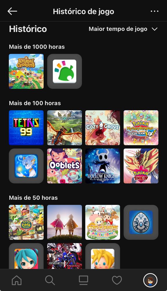 Histórico de horas mais jogadas dos jogos de Switch e 3DS.
Mil horas: Animal Crossing New Horizons e Animal Crossing New Leaf.
100 horas: Tetris 99, Monster Hunter Stories, Cozy Grove, Pokémon Mystery Dungeon Rescue Team DX, Ever Oasis, Ooblets, Hollow Knight, Pokémon Shield.
100 horas: Pokémon Café Remix, Child of Light, Story of Seasons Friends of Mineral Town, Monster Hunter Stories (versão 3DS), Hatsune Miku Project Mirai DX, Shin Megami Tensei V Vengeance, Theatrhythm Final Fantasy Curtian Call
