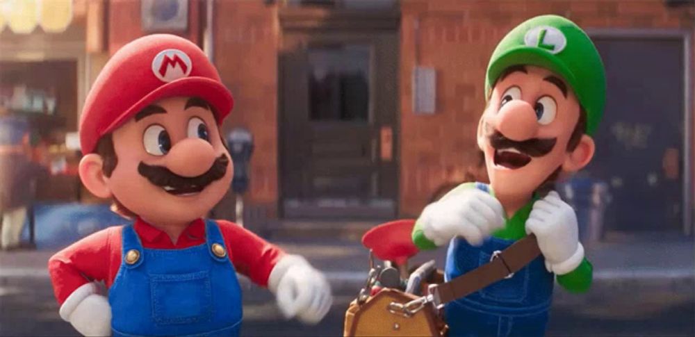 mario and luigi are standing next to each other on a city street