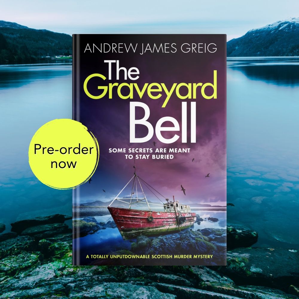 Picture of a book titles The Graveyard Bell set against mountains and sea.