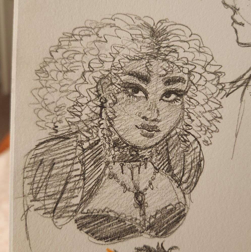 A pencil sketch of the same female character from before at a 3/4s view looking slightly upward. She is wearing Gothic attire and jewelry but the drawing is only from the bust upwards. 