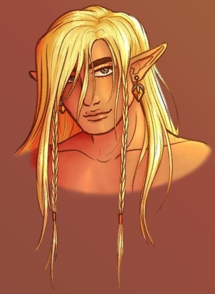 A digital drawing of a bust of a masculine Hylian/elf-like character, with long pointed ears and straight blonde hair. He wears earrings with large orange crystals and the front pieces of hair in front of his ears are braided into two long thin braids. The lighting and shading is very warm and invokes the sunset. This character is my Zelda OC or Linksona named Selby.