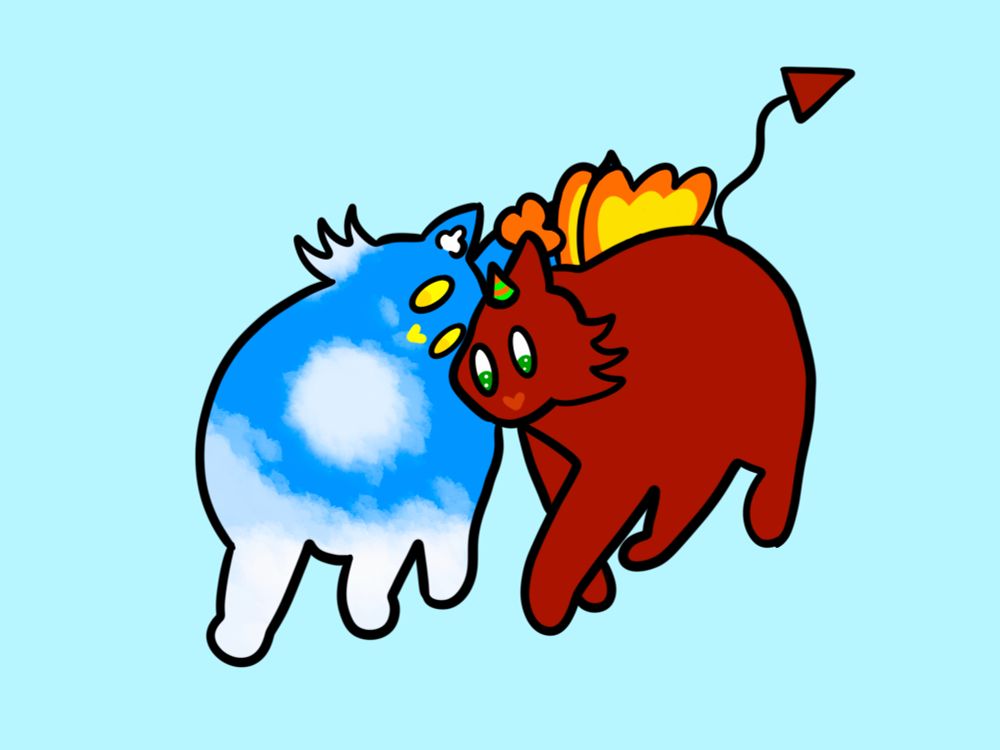 My sonas Sky/CK, a blue cat with white cloudy textures and yellow eyes, and Ash, a red cat with green eyes and orange and green horns and orange ear tufts plus yellow and orange wings and a red imp tail