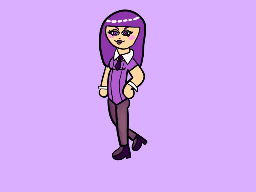 Worm’s oc Plum!! She is a girl with purple hair, purple tie and outfit with white cuffs, purple heels and tights, and mascara