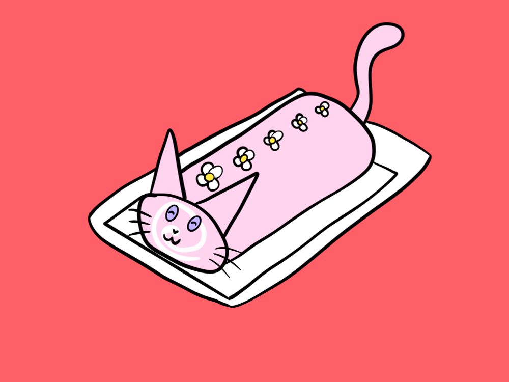 A cat themed roll cake. The cake is a light pink with little daisies on top. There is a long tail and purple eyes! The cat roll cake sits upon a white plate