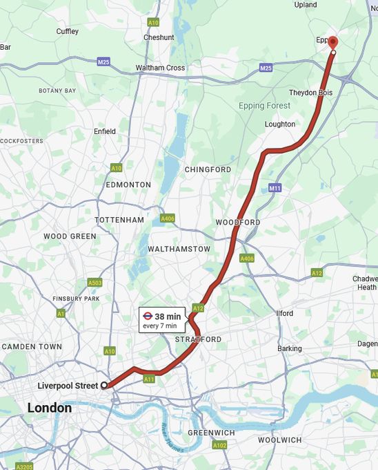 A map showing the central line journey from London Liverpol Street to Epping - where anti-asylum hotel protests have been met with left-wing protests against their action. The journey takes less than 40 minutes.