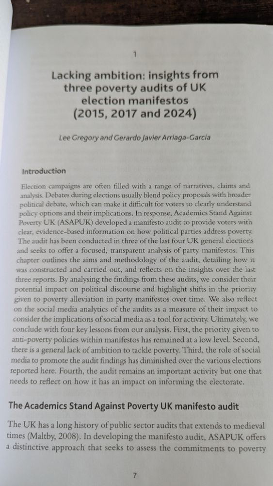 First page of chapter 1 titled Lacking ambition: insights from three poverty audits of UK election manifestos (2015, 2017 and 2024)