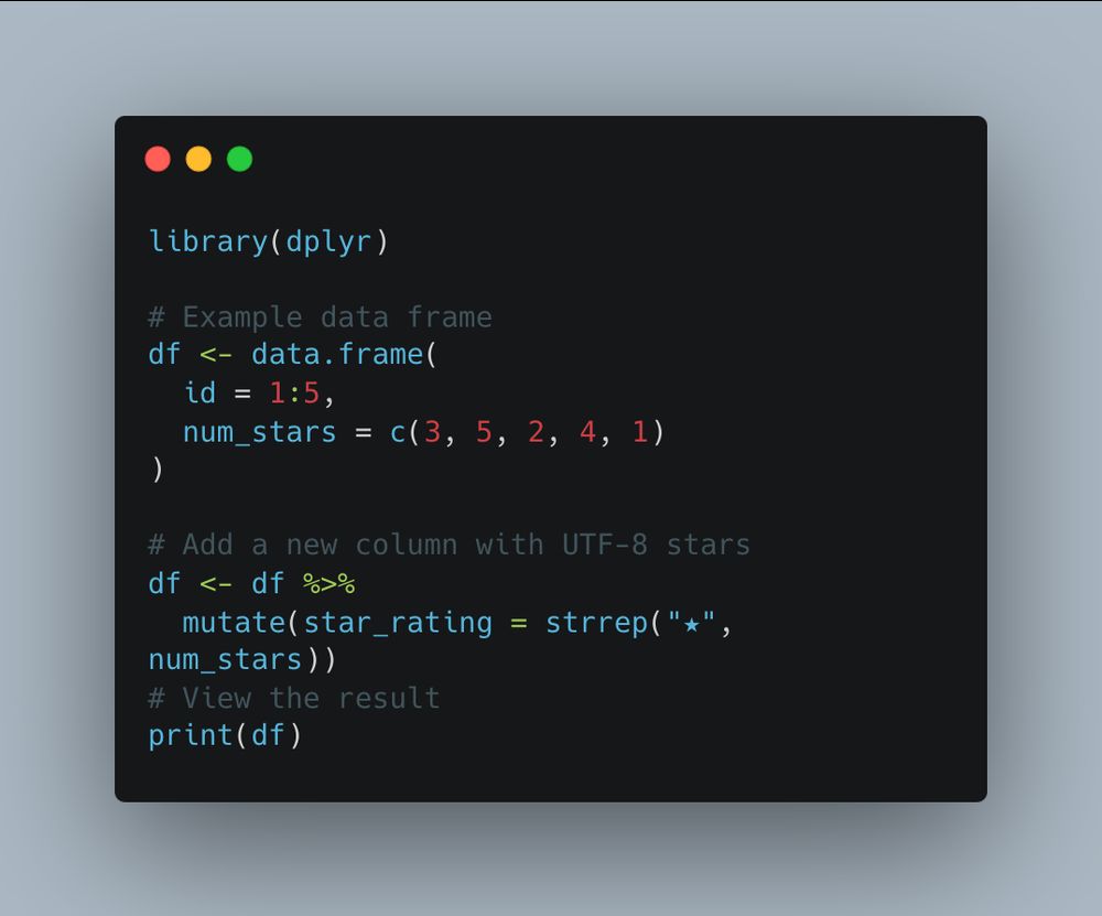 R code using the {dplyr} package showing how to add/convert a numeric column into the corresponding number of UTF-8 star characters.