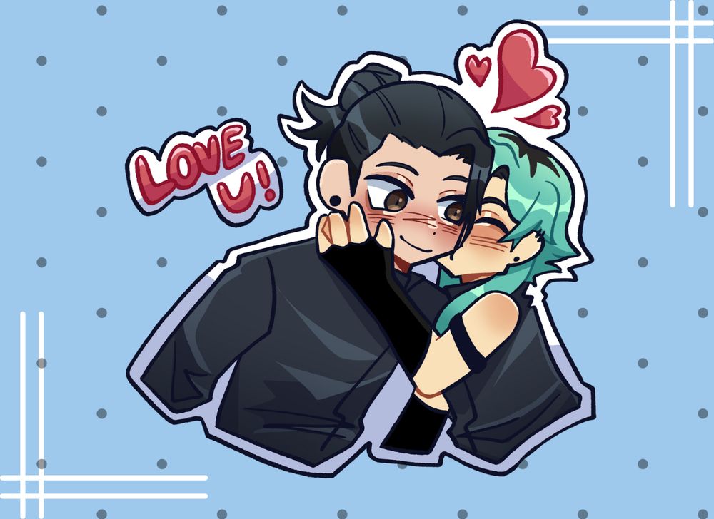 An illustration of suguru geto from jujutsu kaisen and my oc Sui also form JJK! The twp just being cute ugh