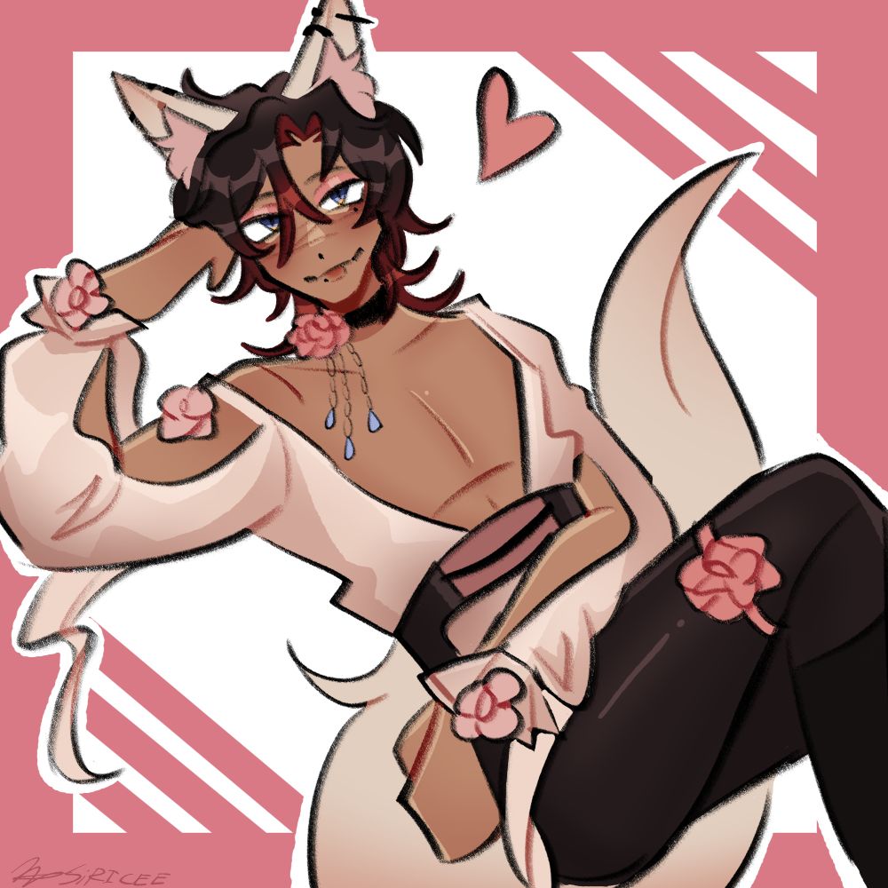 Yuji, Sazel's OC! Commissioned from Vgen, its a character looking fabulous and pretty, sitting down with a smile and a heart. Has a pink background with a white square and stripes!