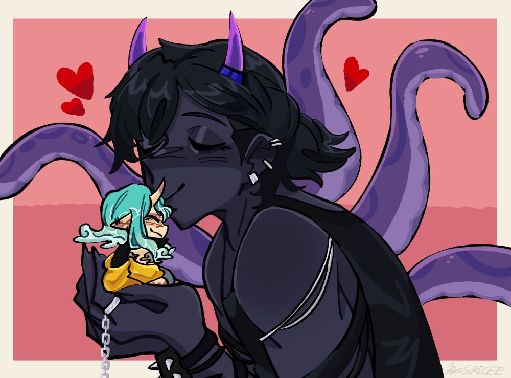 An eldritch horror being smooching a tiny water spirit on the forehead