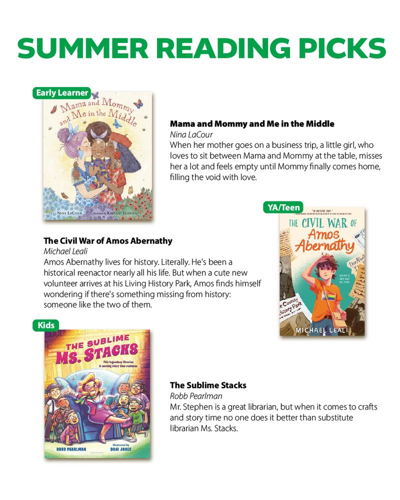 Summer Reading Picks 

Early Learner:  

Mama and Mommy and Me in the Middle  

Nina LaCour  

When her mother goes on a business trip, a little girl, who loves to sit between Mama and Mommy at the table, misses her a lot and feels empty until Mommy finally comes home, filling the void with love. 

  

YA/Teen: 

The Civil War of Amos Abernathy  

Michael Leali 

Amos Abernathy lives for history. Literally. He's been a historical reenactor nearly all his life. But when a cute new volunteer arrives at his Living History Park, Amos finds himself wondering if there's something missing from history: someone like the two of them. 

  

Kids:  

The Sublime Stacks  

Robb Pearlman  

Mr. Stephen is a great librarian, but when it comes to crafts and story time no one does it better than substitute librarian Ms. Stacks. 