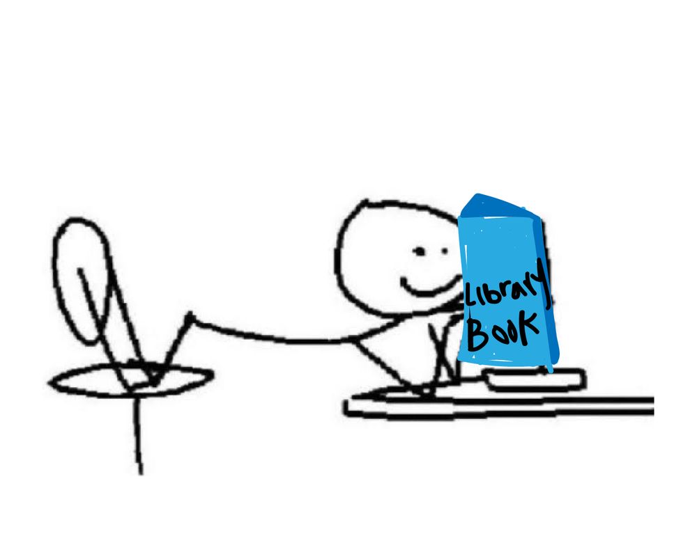 Poorly drawn stick figure holding a poorly drawn library book. 