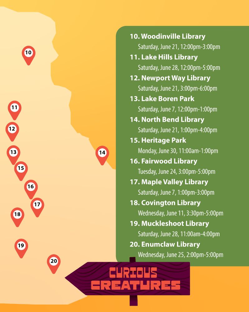 Curious Creatures Launch Parties:
10. Woodinville Library
	Saturday, June 21, 12:00pm-3:00pm
11. Lake Hills Library
	Saturday, June 28, 12:00pm-5:00pm
12. Newport Way Library
	Saturday, June 21, 3:00pm-6:00pm 
13. Lake Boren Park
	Saturday, June 7, 12:00pm-1:00pm
14. North Bend Library
	Saturday, June 21, 1:00pm-4:00pm
15. Heritage Park
	Monday, June 30, 11:00am-1:00pm
16. Fairwood Library
	Tuesday, June 24, 3:00pm-5:00pm
17. Maple Valley Library
	Saturday, June 7, 1:00pm-3:00pm
18. Covington Library
	Wednesday, June 11, 3:30pm-5:00pm
19. Muckleshoot Library
	Saturday, June 28, 11:00am-4:00pm
20. Enumclaw Library 
	Wednesday, June 25, 2:00pm-5:00pm