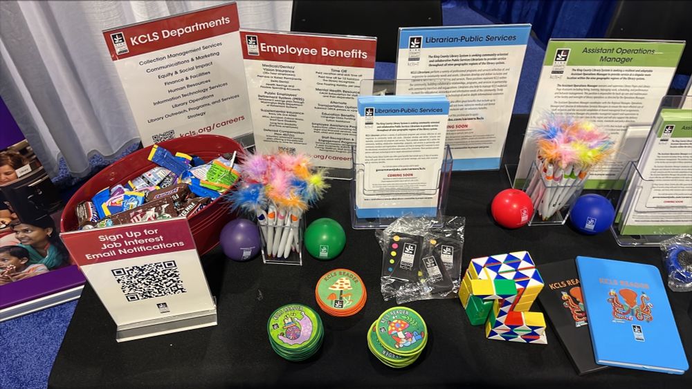 KCLS employee benefits, descriptions of staff positions and free swag at our booth.