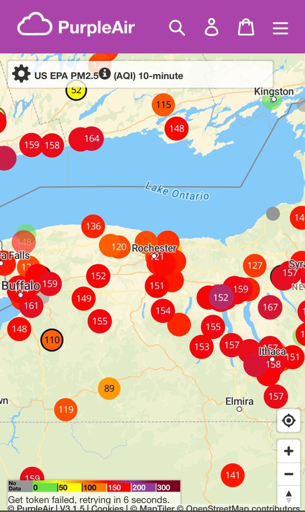 Screen shot from purple air showing air quality values above 150 in the western NY area 