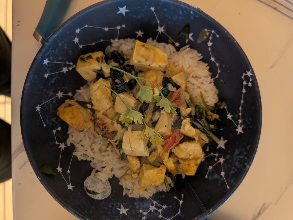 Tofu, spinach, and tomatoes with a light curry style sauce on white rice with a light garnish in a blue bowl with stylized constellations on a white faux marble surface.  Used Tony Sach instead of salt and pepper.  Need to up my spice amounts but a solid dish overall.  7/10