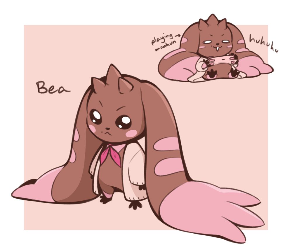 a drawing of the artist's digimon-sona, Bea; a brown and pink Lopmon with big floppy ears, a little cream-colored cardigan sweater, and a bright pink necktie. There's pink blush on their cheeks to match the markings on their body, as well as a little mole next to the right side of their mouth.

There is a second doodle of Bea in the upper right corner, lounging against their big ears (almost acting like a bean-bag for them) and holding a little pink gaming controller. They're laughing smugly as they play Monster Hunter.