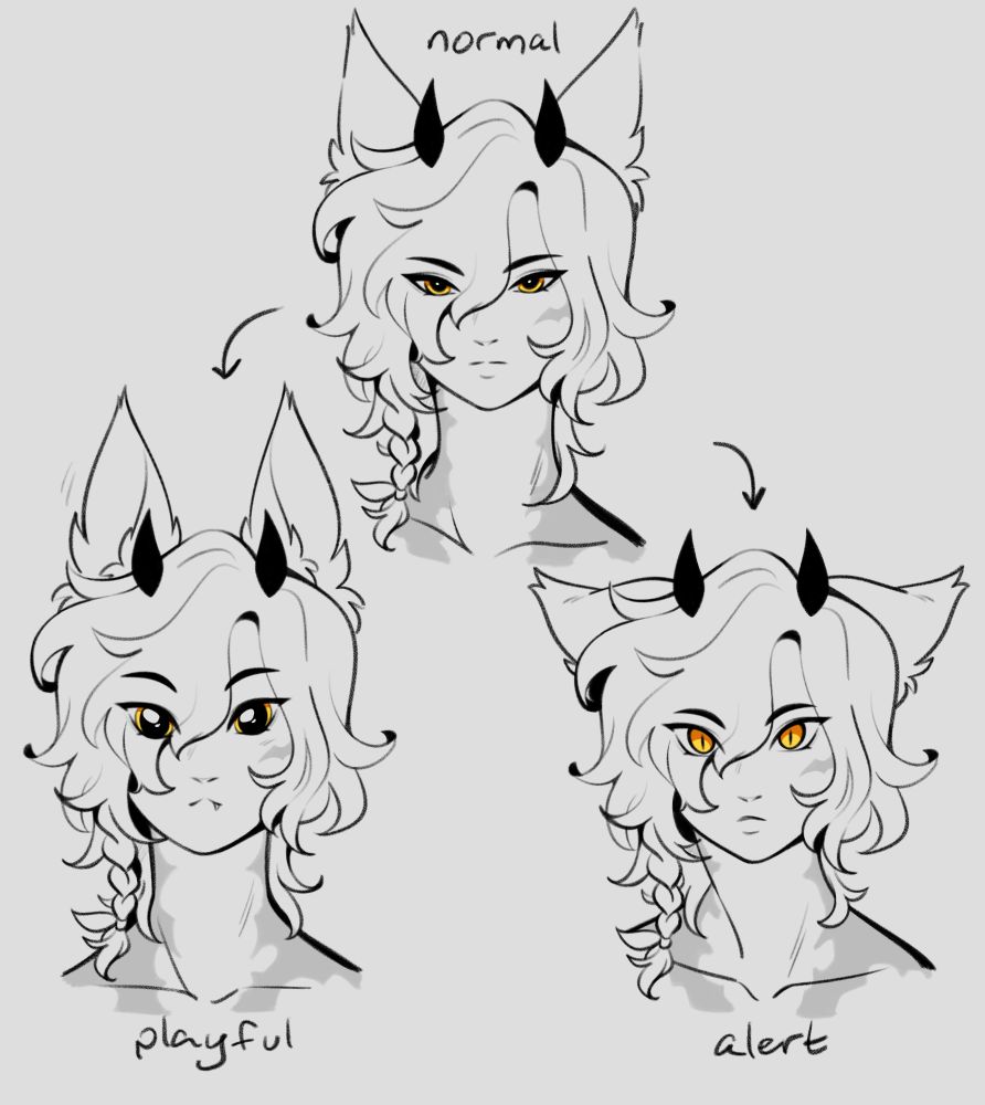 three headshot doodles of the artist's miqo'te OC, Robin; the top headshot is labeled "normal", with his bright yellow Keeper of the Moon eyes looking straight at the viewer with his usual resting gaze (a bit intense). The bottom left headshot is labeled as "playful", with his pupils widely dilated much like a cat's does when it's in play-mode; his eyebrows are raised and a little fang is poking out from his catlike mouth. The bottom right headshot is labeled as "alert", with his pupils constricted/slit like a cat's does in bright light, or like a Seeker of the Sun's. This is meant to showcase the range of Robin's pupils depending on the situation, as they are not like a typical Keeper's.