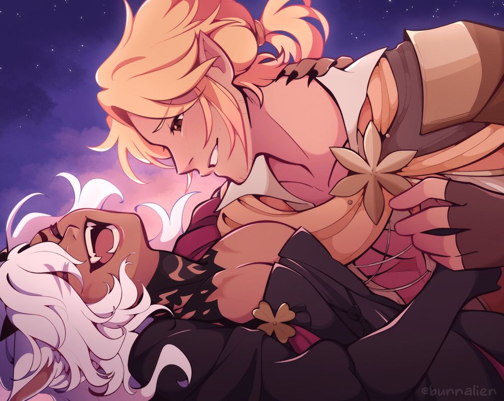An illustration of a white-haired catboy, Robin, and a scruffy blonde half-elezen man, Aurora, dancing together under a twilit sky. They are doing a "dip" move, with Robin being held up by Aurora as he smiles and laughs so freely. Aurora is holding Robin's hand close to his heart and smiling down at his dance partner with a soft, enamored expression.