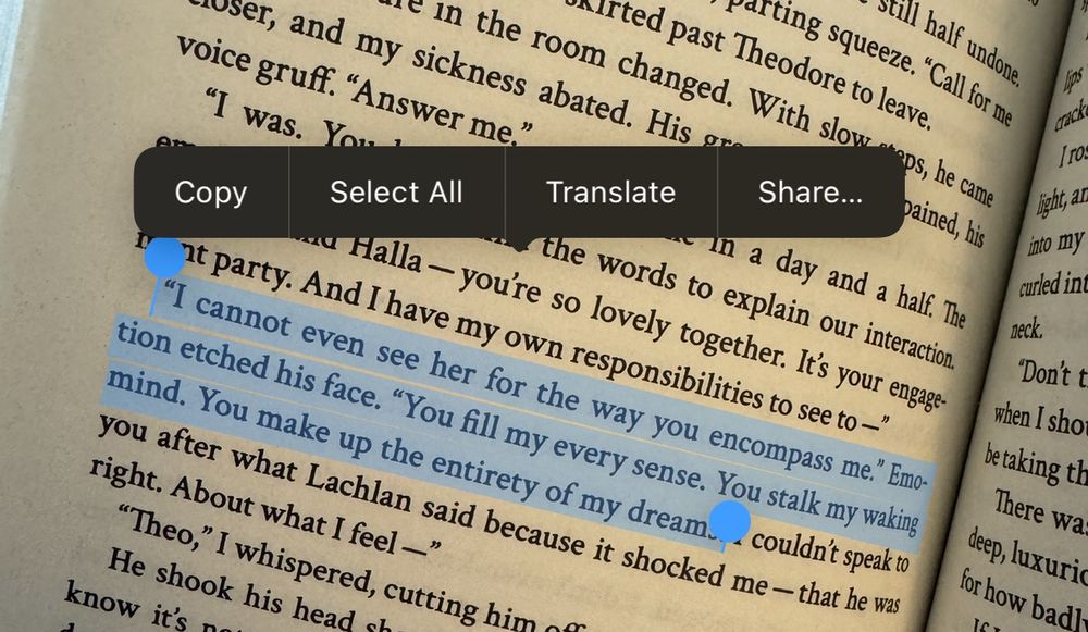 Quote from in the veins of the drowning: 
“‘I cannot even see her for the way you encompass me.’ Emotion etched his face. ‘You fill my every sense. You stalk my waking mind. You make up the entirety of my dreams.’”