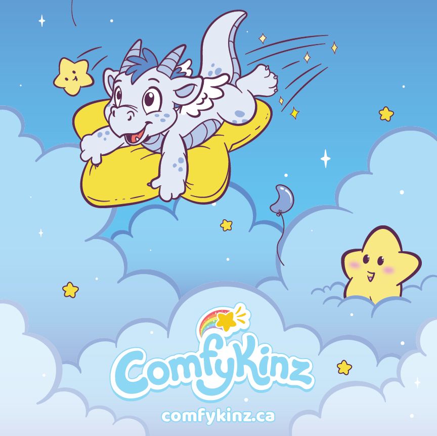 Sparks the dragon rides on a plushy star through the sky with sparkles and little star friends greeting them on their way ✨