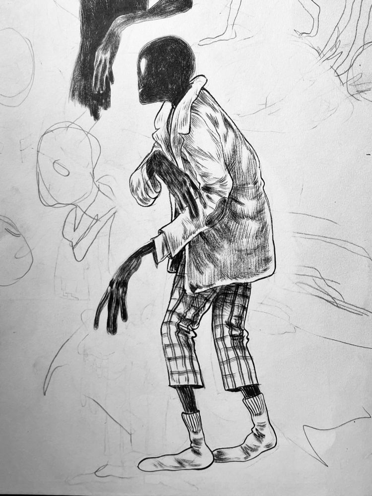 A tall shadowy figure with glowing eyes stands facing to the left. They’re wearing a collared coat, plaid pants, and socks. Nothing that they’re wearing is quite long enough to fit their thin gangly limbs. Their hands are held slightly upright at awkward angles, one up against their chest. 