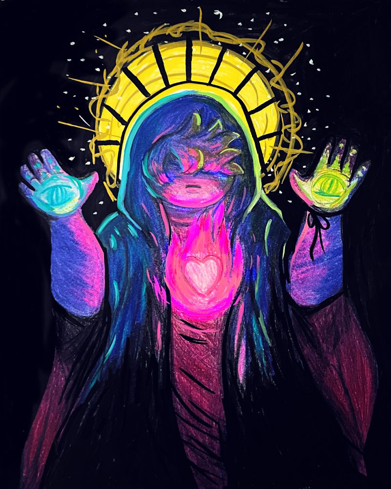Junior depicted as a sacred saint or deity. A gold halo, an immaculate pink heart, and two glowing eyes in his hands. Right hand blue, left hand green. 