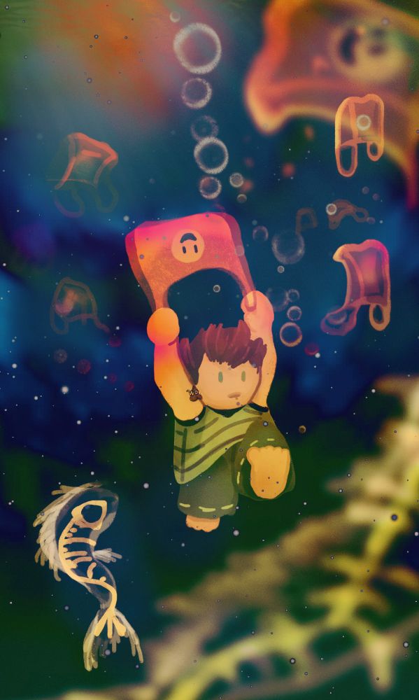 Junior, an odd-round character, fives under water using a plastic bag as a parachute. Plastic bags litter the water like jellyfish. Skeletal fish ghosts swim near-by. 