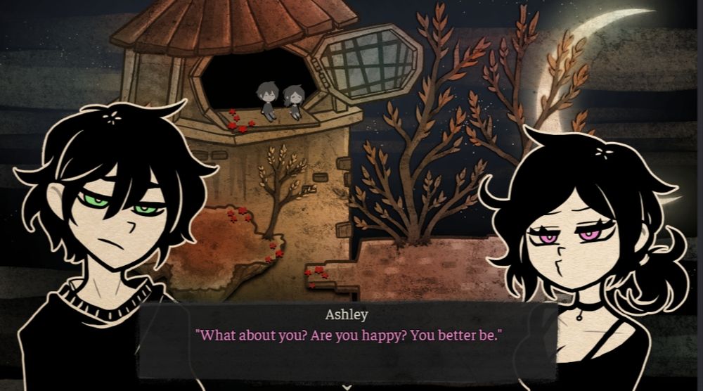 Andrew and Ashley Graves sitting on top a tower. Ashley is asking "What about you? Are you happy? You better be."