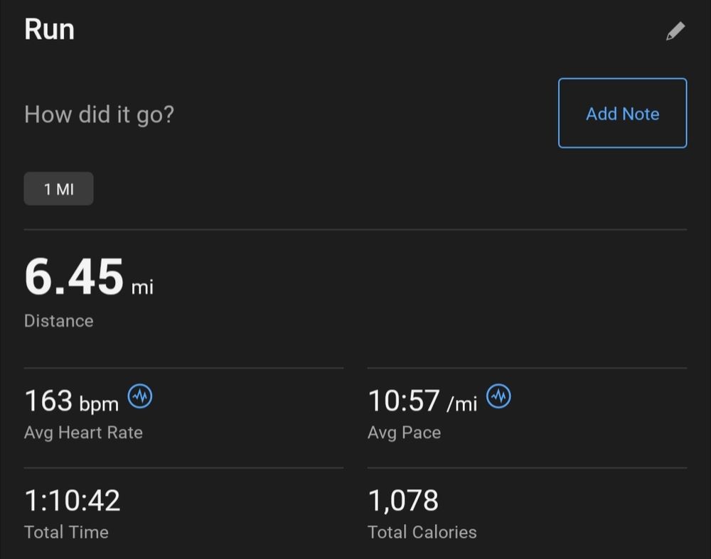 Screenshot of a running workout. Distance 6.45 miles, average heart rate 163bpm, average pace 10:57/mile, total time 1:10:42, total calories 1078.