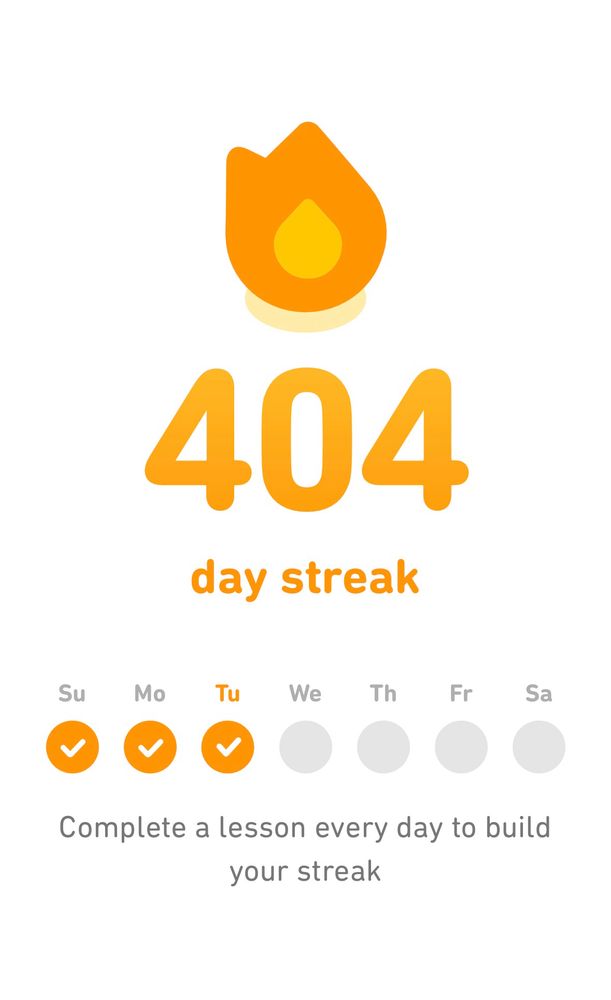 Screenshot of Duolingo showing a streak of 404 days