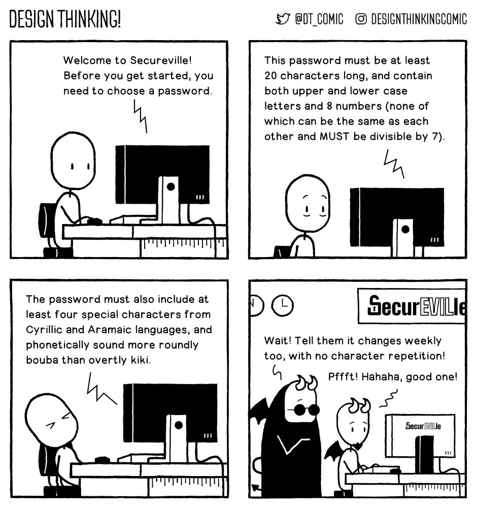 A minimally illustrated comic with four panels. Panel 1 shows somebody sitting at a computer reading from the screen: welcome to SecureVille! Before you get started you need to choose a password. Panel 2. Same setting: this password must be at least 20 characters long and contain both upper and lowercase letters and eight numbers (none of which can be the same as each other and must be divisible by seven). Panel 3. Same setting: The password must also include at least four special characters from Cyrillic and Aramaic languages and phonetically sound more roundly bouba than overtly kiki. Panel 4. Set in what looks like hell, with two devils, devilishly devising the instructions. One says "Wait! Tell them it changes weekly too, with no character repetition! The other replies: "Pffft! Hahaha, good one!"