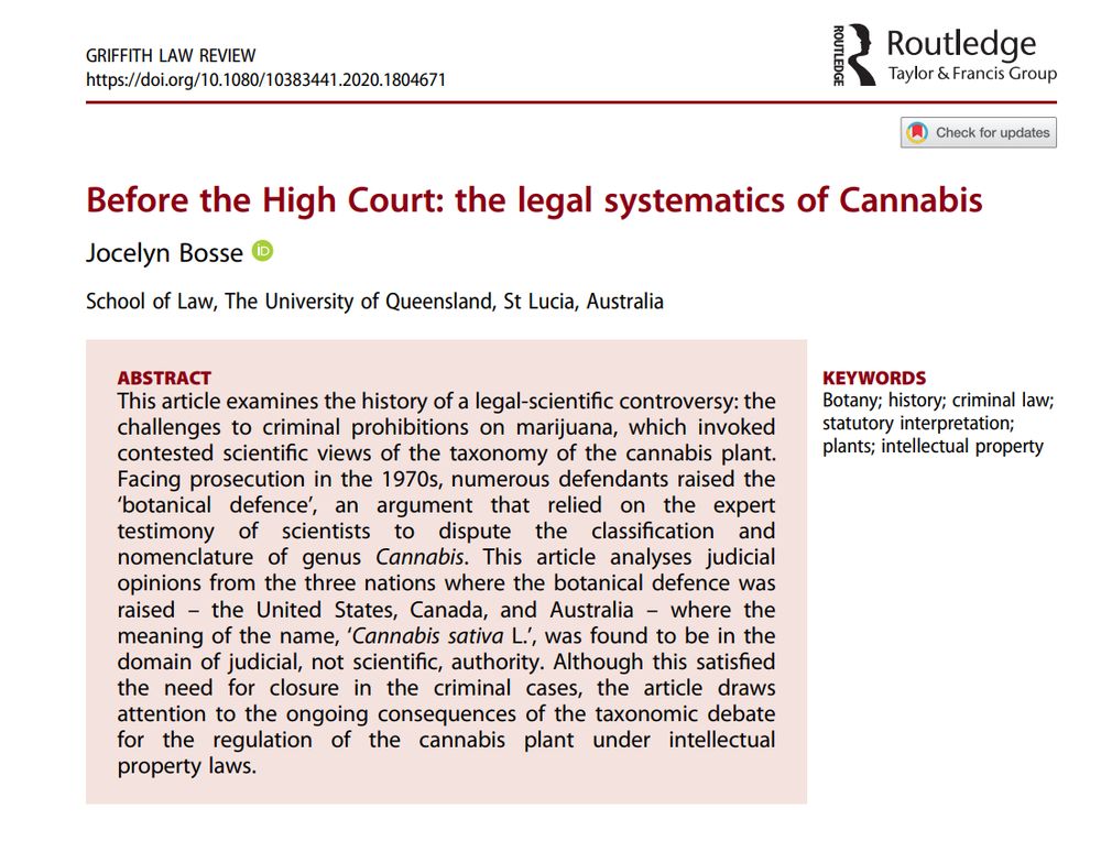 Front page of article entitled "Before the High Court: the legal systematics of Cannabis" by Jocelyn Bosse, published in the Griffith Law Review.