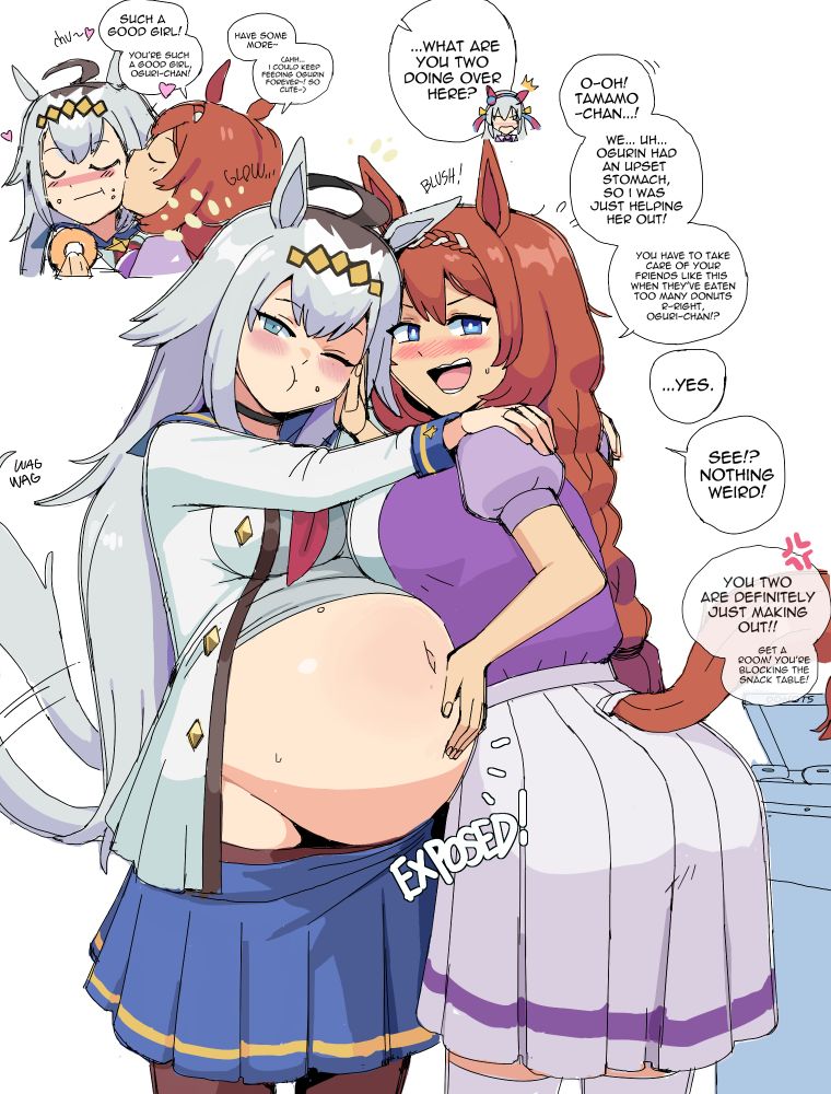 A image of Oguri Cap and Super Creek from Uma Musume. In the top left, a small panel shows Super Creek kissing Oguri's cheek and feeding her another donut. She is praising her extensively. In the main drawing, we zoom out to see Oguri's enlarged tummy, her arms around Super Creek's neck, and a content expression on her face. Super Creek looks back embarassedly at the viewer (Tamamo Cross), who has caught them in the middle of this. Super Creek tries to play it off as 'friends helping each other out', but Tamamo Cross doesn't buy it.