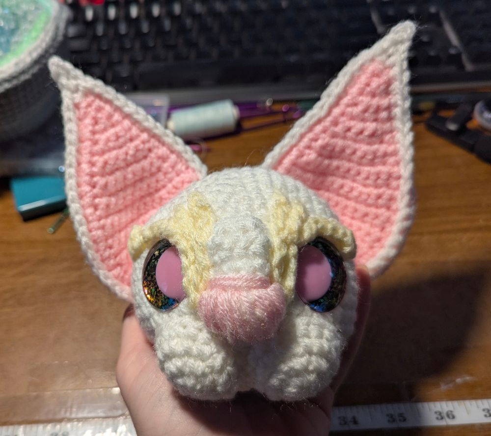 a crochet cat head in white