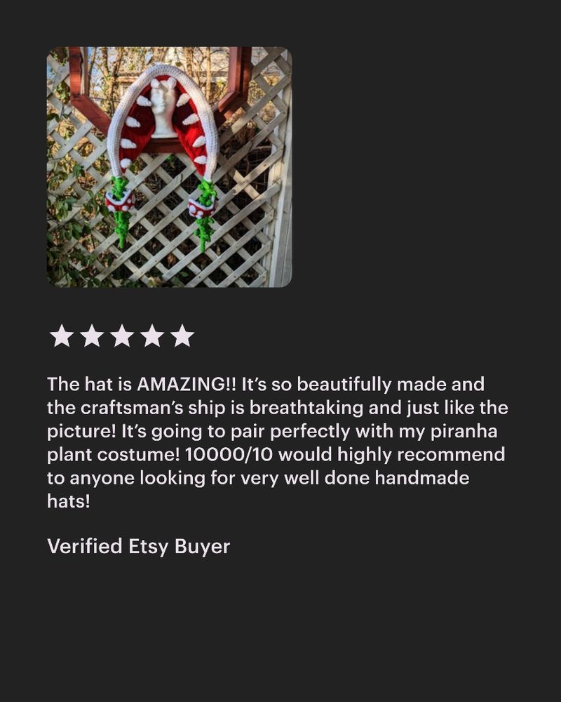 Crochet piranha plant hood displayed on a lattice, with a 5-star review praising its quality and suitability for a costume.