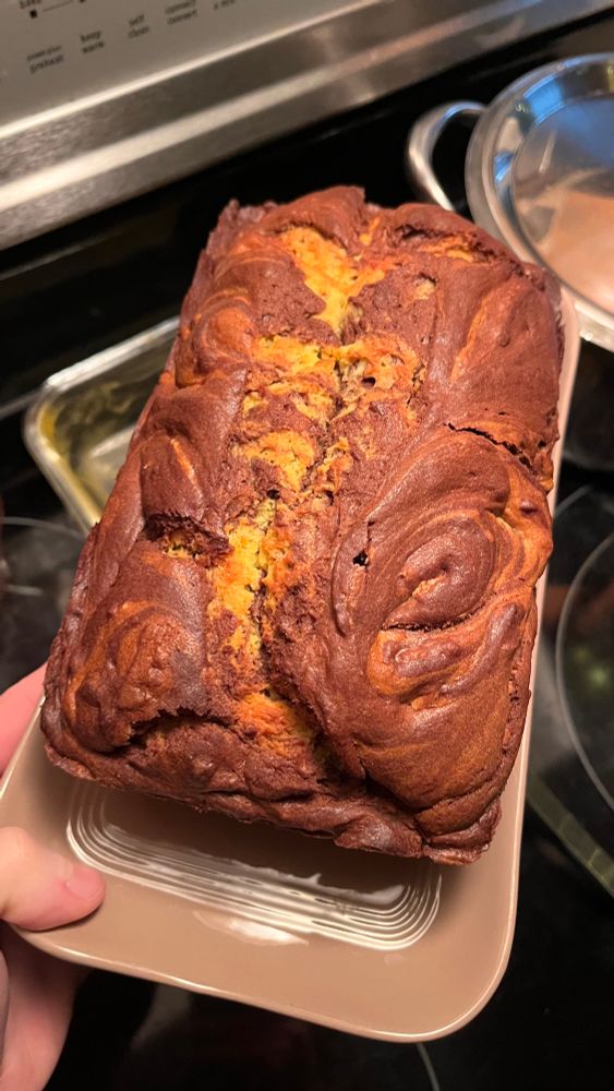 Un gâteau marbré courge et chocolat vu de haut posé sur son plat.