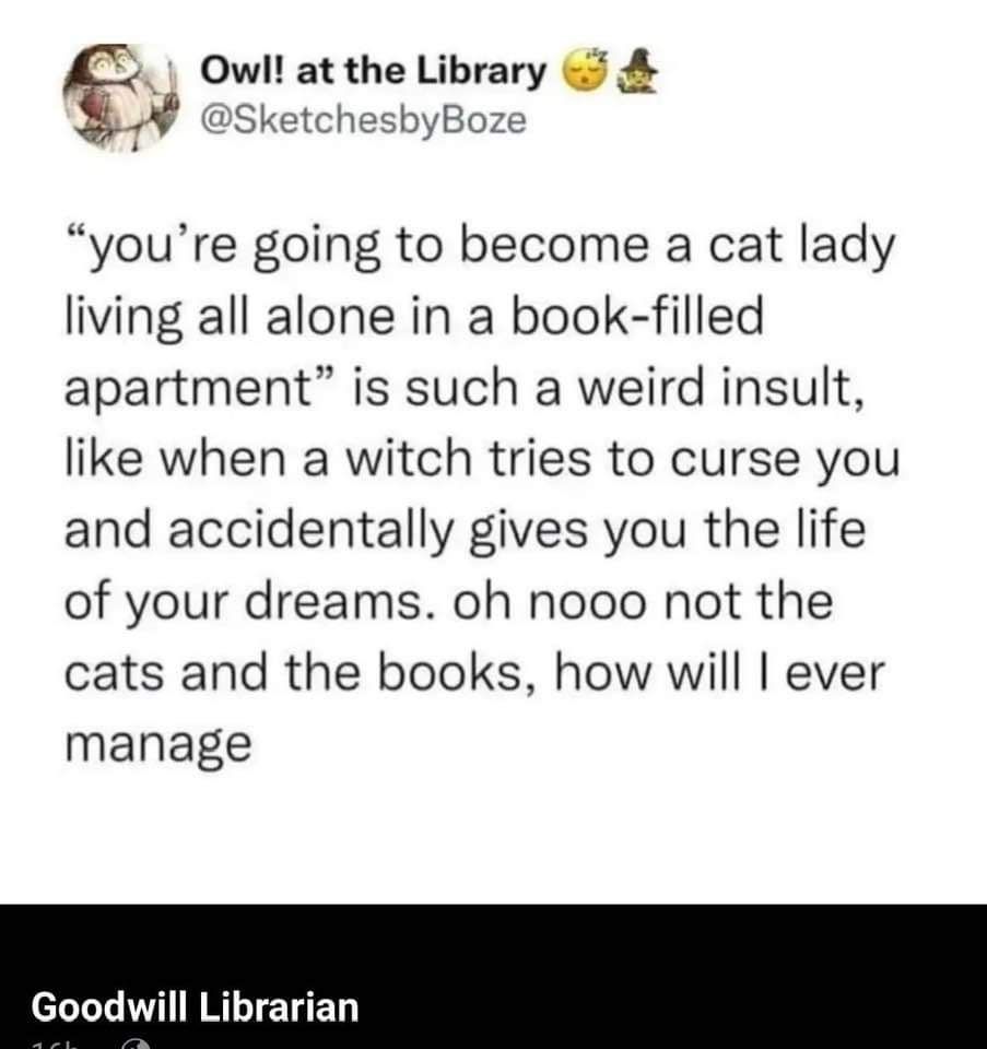 Owl! at the Library

@SketchesbyBoze

"you're going to become a cat lady living all alone in a book-filled apartment” is such a weird insult, like when a witch tries to curse you and accidentally gives you the life of your dreams. oh nooo not the cats and the books, how will I ever manage

Goodwill Librarian