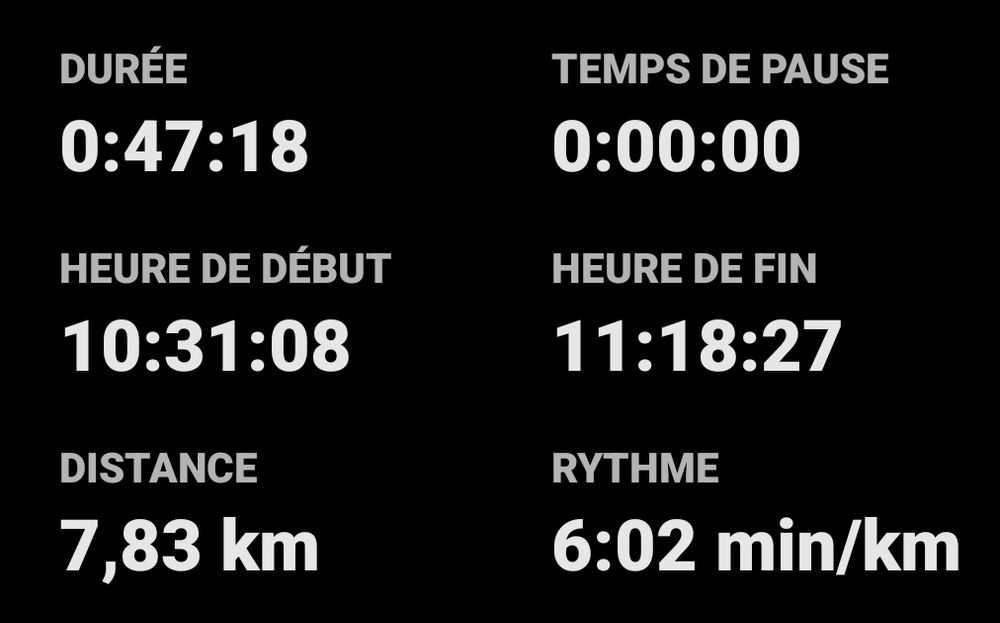 Score de course :
Durée : 47:18
Distance : 7,83 km
Rythme : 6:01 min/km