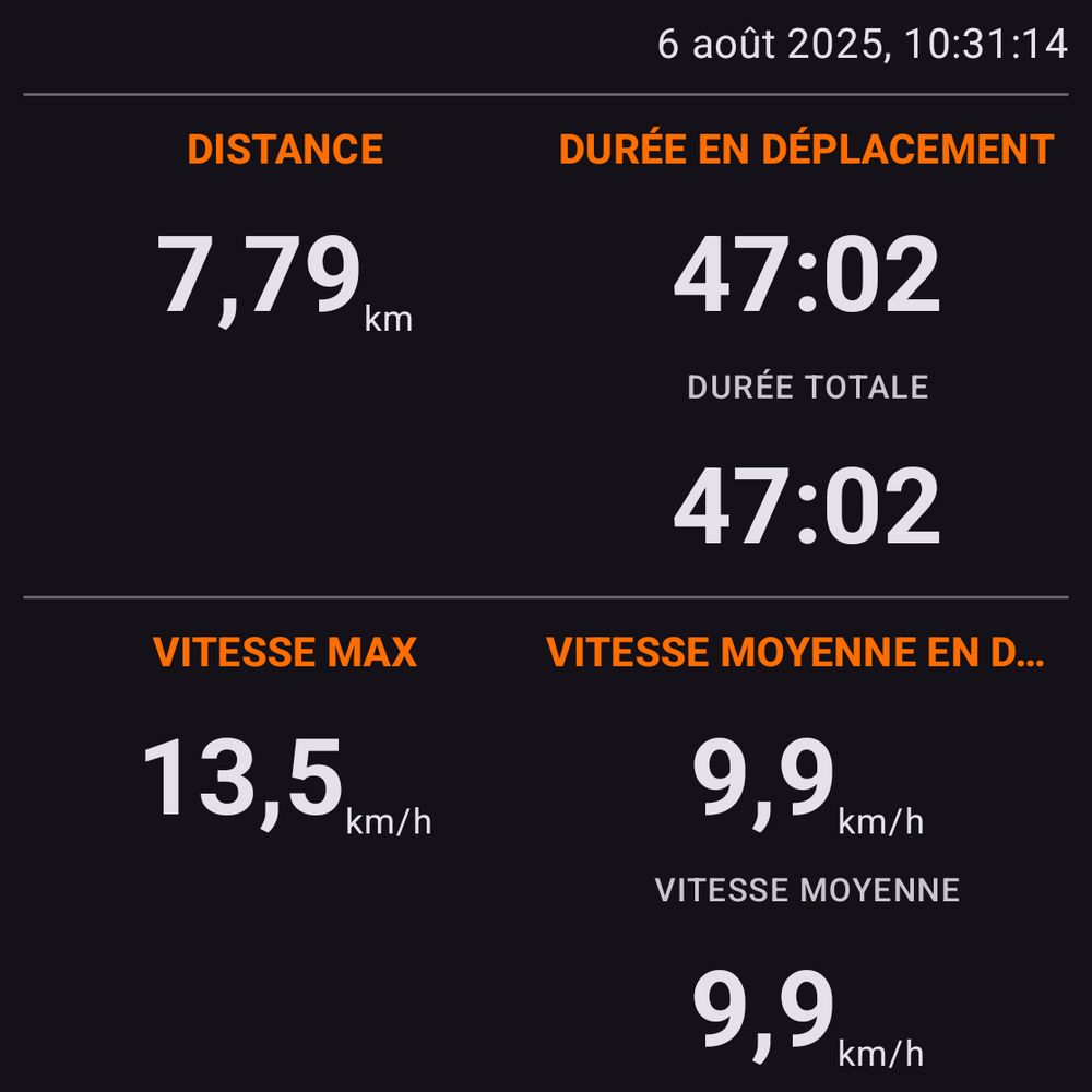 Score de course :
Distance : 7,79 km
Durée en déplacement : 47:02
Vitesse max : 13,5 km/h
Vitesse moyenne : 9,9 km/h